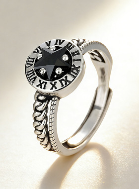 罗马数字戒指小众设计潮镀银复古做旧镶钻五角星开口编织指环