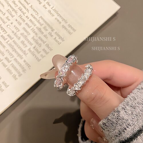 「浪漫之境」简约超闪拼色交叉开口戒指女小众气质叠戴满天星指环