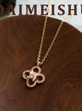 原创新年精致小巧红色滴油四叶草吊坠项链轻奢感本命年锁骨链