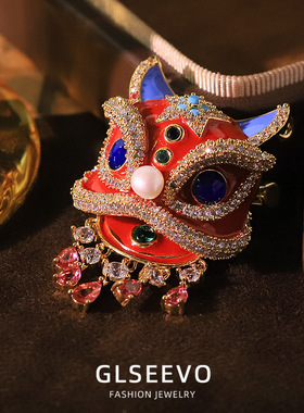 国风天然珍珠醒狮锆石胸针胸花气质别针红色喜庆衣服国潮配饰