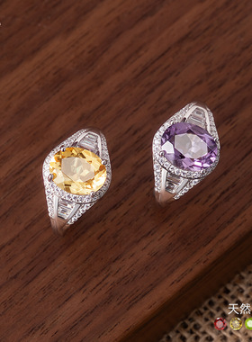 s925纯银戒指女镶嵌8*10mm天然水晶石托帕石感指环小红书爆款