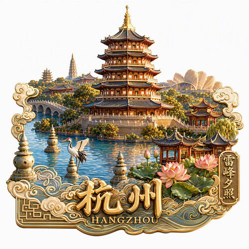 杭州金属浮雕冰箱贴西湖雷峰塔三潭映月旅游纪念品文创伴手礼磁贴