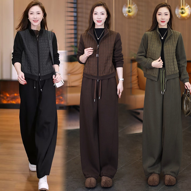 老钱风时尚套装女秋冬加厚显瘦立领外套阔腿裤减龄显瘦两件套女装