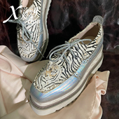 布洛克英伦坡跟厚底单鞋 XIANGBOLIAN 高级感豹纹虎头增高松糕鞋 女