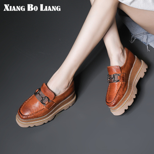 女士增高英伦风厚底松糕单鞋 XIANGBOLIAN真皮复古水洗马皮懒人鞋