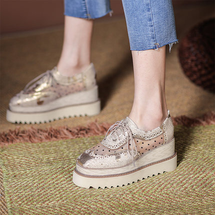 平底方头网面松糕鞋女原创春夏新款防水台7厘米坡跟镂空厚底单鞋