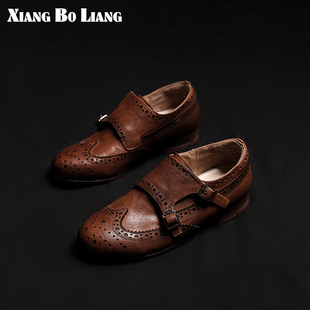 XIANGBOLIAN.水洗马皮英伦风小皮鞋女士复古便士布洛克粗跟乐福鞋