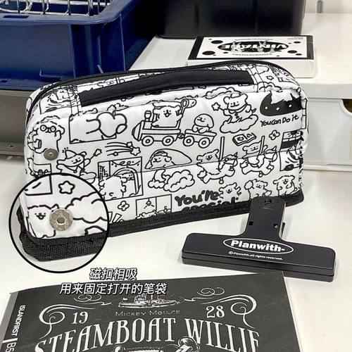 印花线条小狗折叠笔袋ins大容量文具颜值学生多层收纳袋文具盒