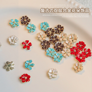 美拉德咖色金边山茶花复古双层合金花朵美甲饰品轻奢指甲配饰品