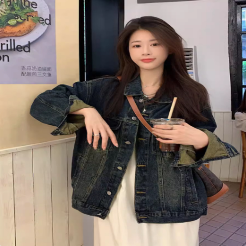 春秋款宽松水洗做旧夹克长袖上衣图片