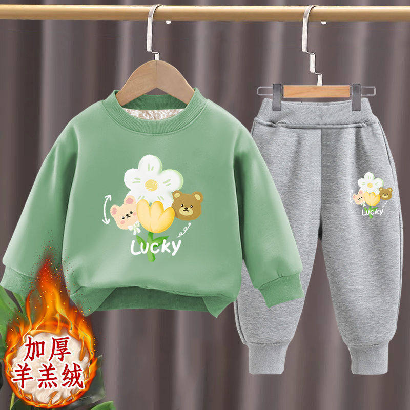 男女童加绒加厚儿童套装2025秋冬新款中小童卫衣卫裤宝宝两件套潮