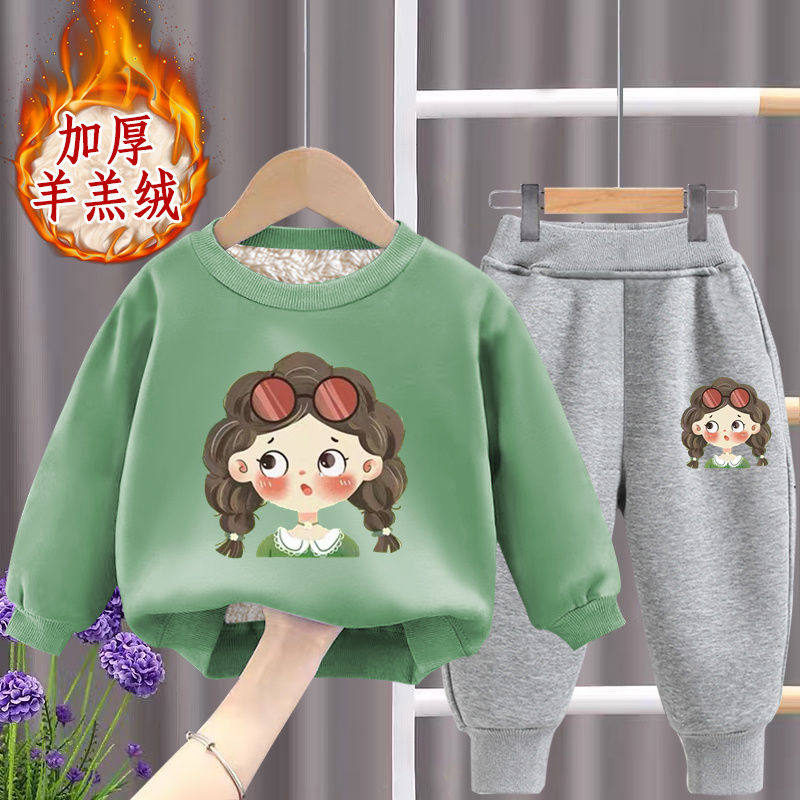 2025秋冬加厚套装女童加绒卫衣绒衫儿童洋气宝宝羊羔绒裤子两件套