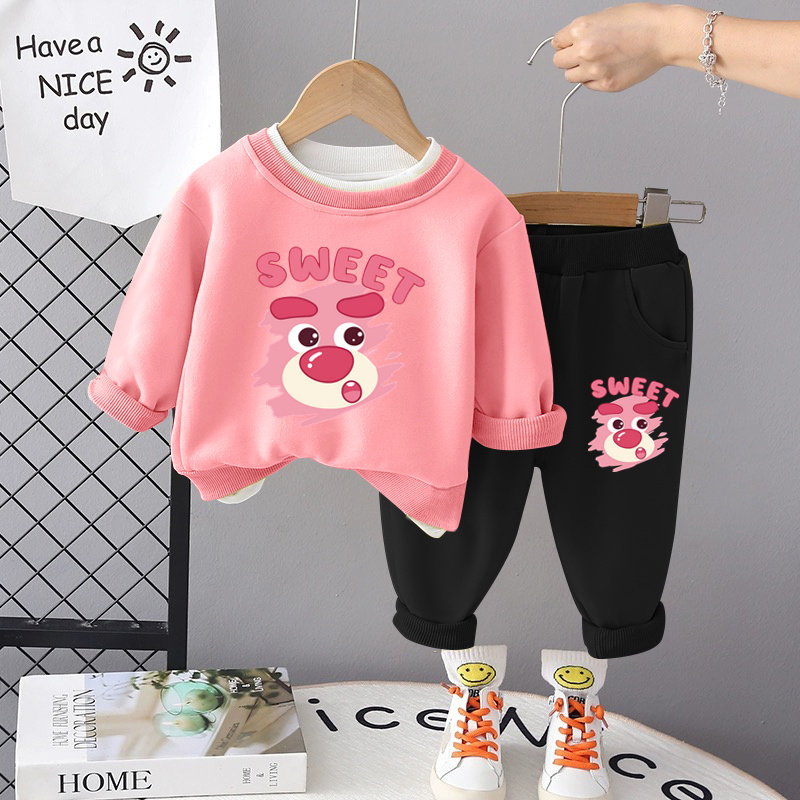 女童卫衣套装2024春秋新款儿童男童假两件卫衣卡通休闲运动两件套
