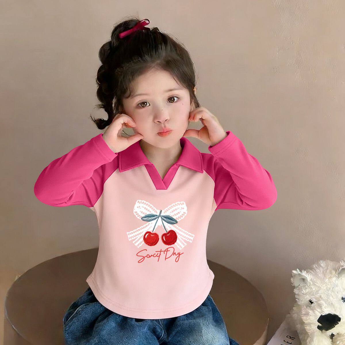 女童T恤春秋季薄款POLO衫长袖韩版中大童拼色翻领打底衫甜美春装