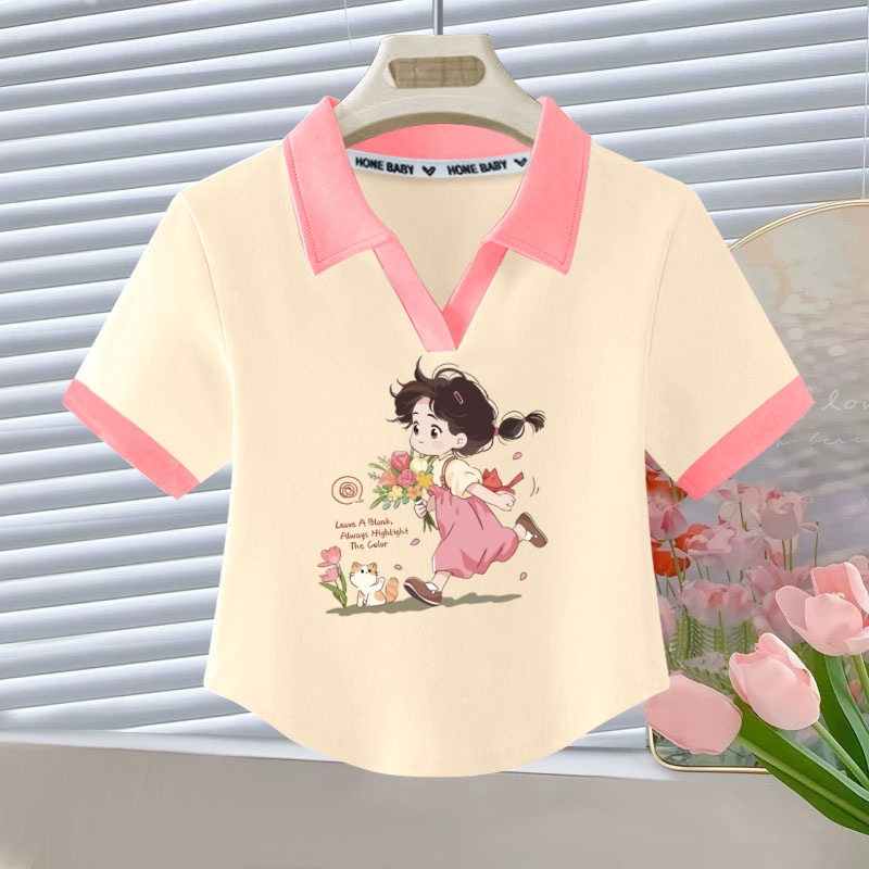女童Polo衫2025夏季新款洋气卡通撞色短袖小女孩纯棉T恤外穿打底3