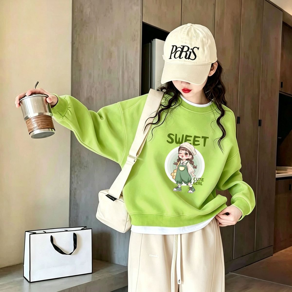 女童纯棉假两件卡通卫衣春秋