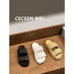 休闲一字拖鞋 经典 手工编织金属扣外穿厚底沙滩鞋 2024夏季 女 新款