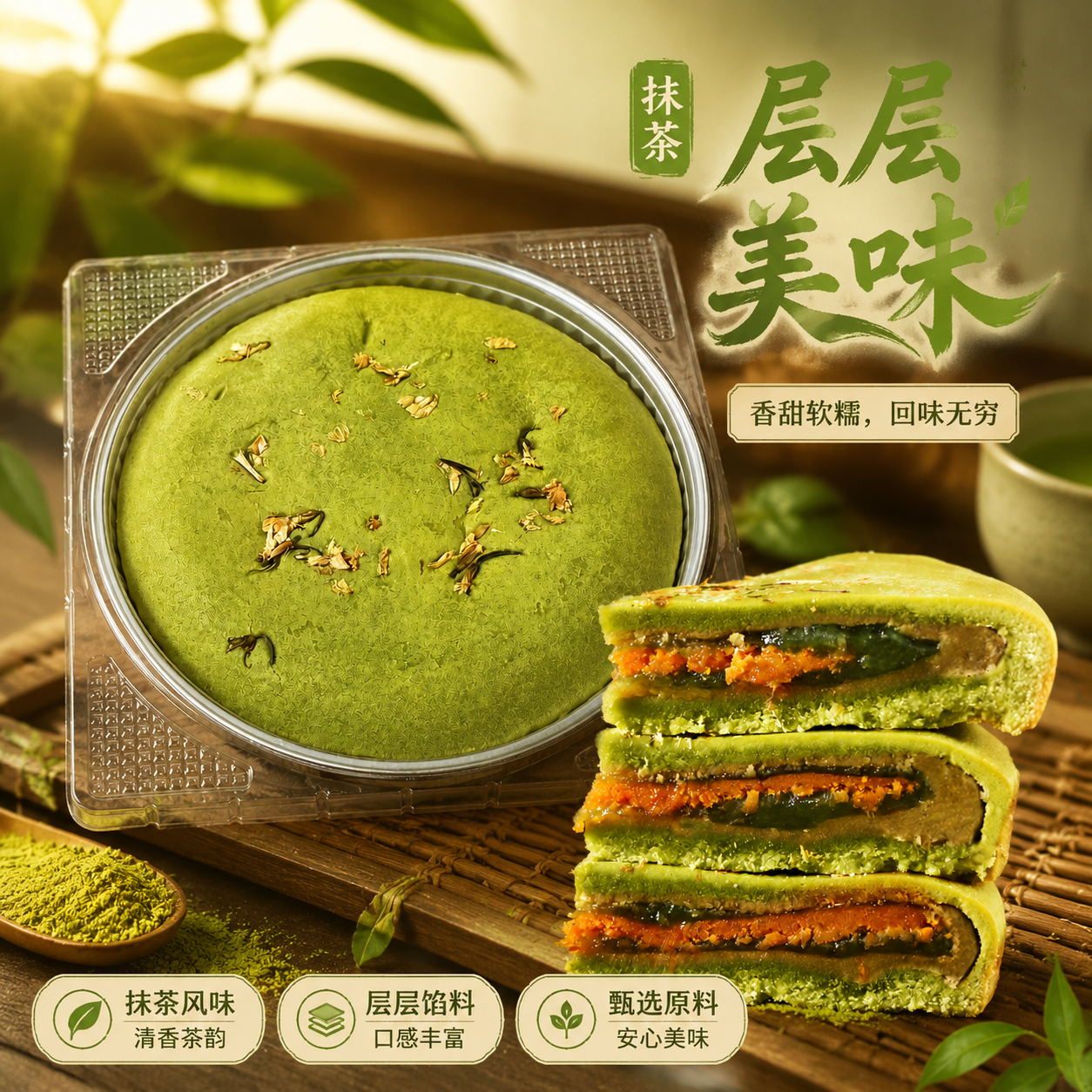 茉莉大茶饼芋泥肉松抹茶双层糕点盒装香甜软糯层层美味中式糕点