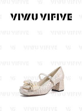 V5 VIWU·VIFIVE「梵希」玛丽珍鞋小香风鱼皮珍珠蝴蝶结粗跟单鞋