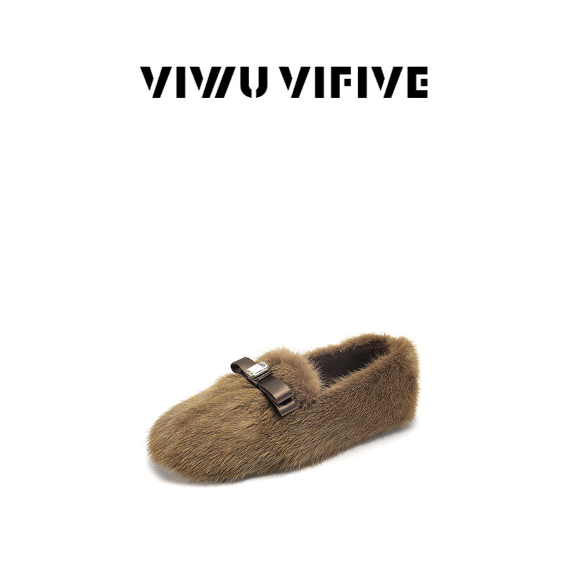V5 VIWU·VIFIVE「绒悦·高奢」貂毛单鞋女秋冬水钻带圆头平底鞋,女鞋,时尚芭蕾鞋,淘宝优惠券,粉丝福利购,淘宝优惠卷