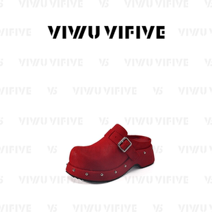 V5 VIWU·VIFIVE「绯燃」勃肯鞋女春季圆头柳丁皮带扣一脚蹬半拖