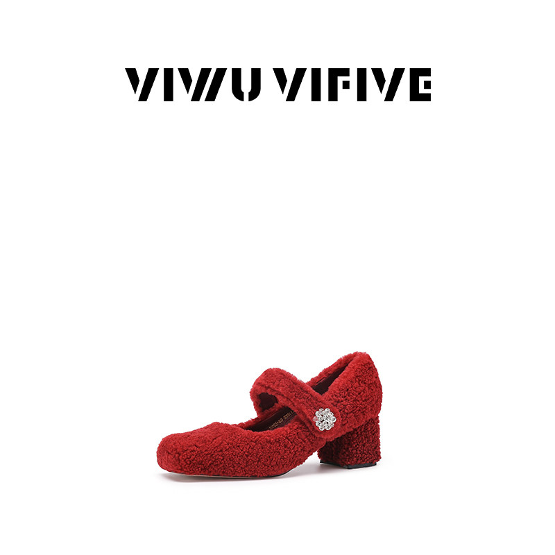 「茸茸」2025秋冬新款品牌粗跟中跟羊羔毛女鞋,女鞋,浅口单鞋,淘宝优惠券,粉丝福利购,淘宝优惠卷