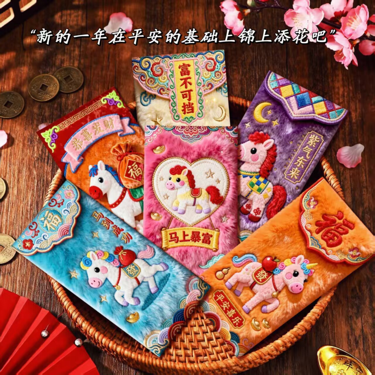 马年爆款2026新款5D平面仿毛绒刺绣红包春节创意压岁拜年红包信封
