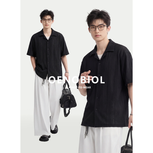 男士夏季干爽不粘身镂空短袖衬衫