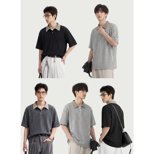 夏季亲肤宽松条纹翻领短袖T恤