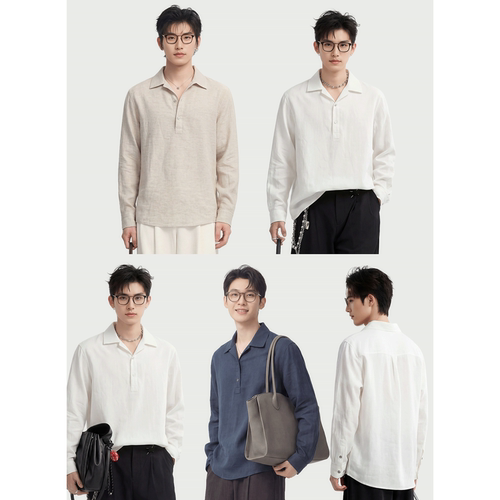 抗皱免烫男士亚麻修身翻领衬衫