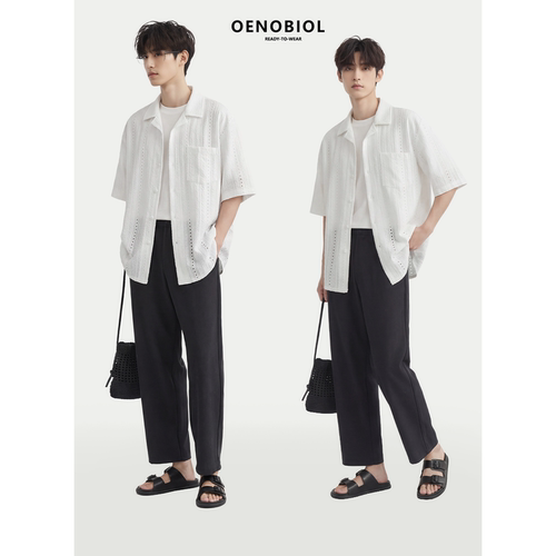 夏季轻盈镂空宽松短袖男生衬衫