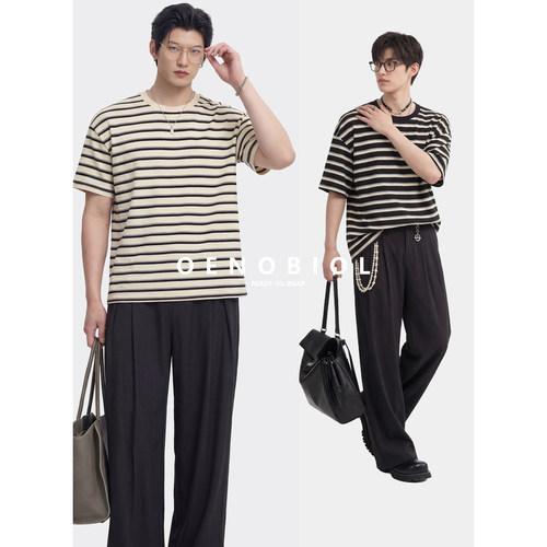 夏季男士黑白条纹轻薄透气T恤