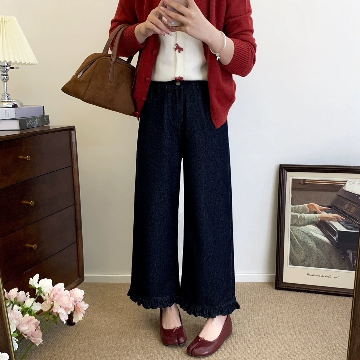 大码蓝色花边阔腿牛仔裤女冬季加绒胖mm梨型身材显瘦宽松直筒裤子