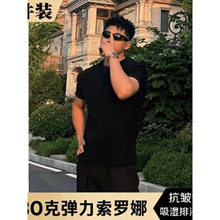 正肩三分袖 美式 显肌肉短袖 重磅小领口修身 复古黑色收袖 口t恤男款