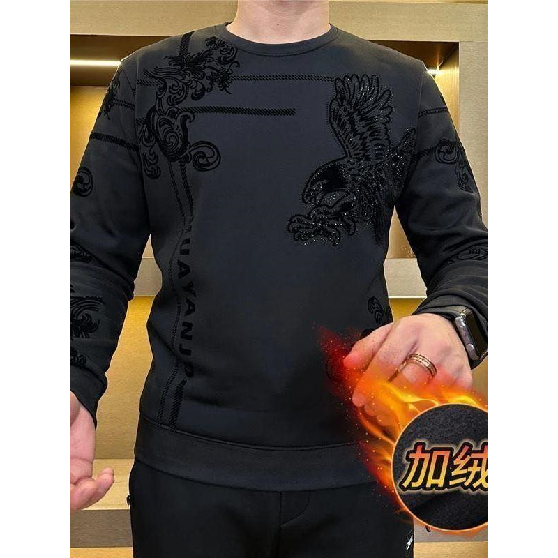 秋冬季新款长袖t恤男士潮流国风中山卫衣打底衫加绒保暖上衣服潮