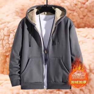 广州十三行羊羔绒卫衣男秋冬季新款加绒加厚外套宽松连帽拉链卫衣