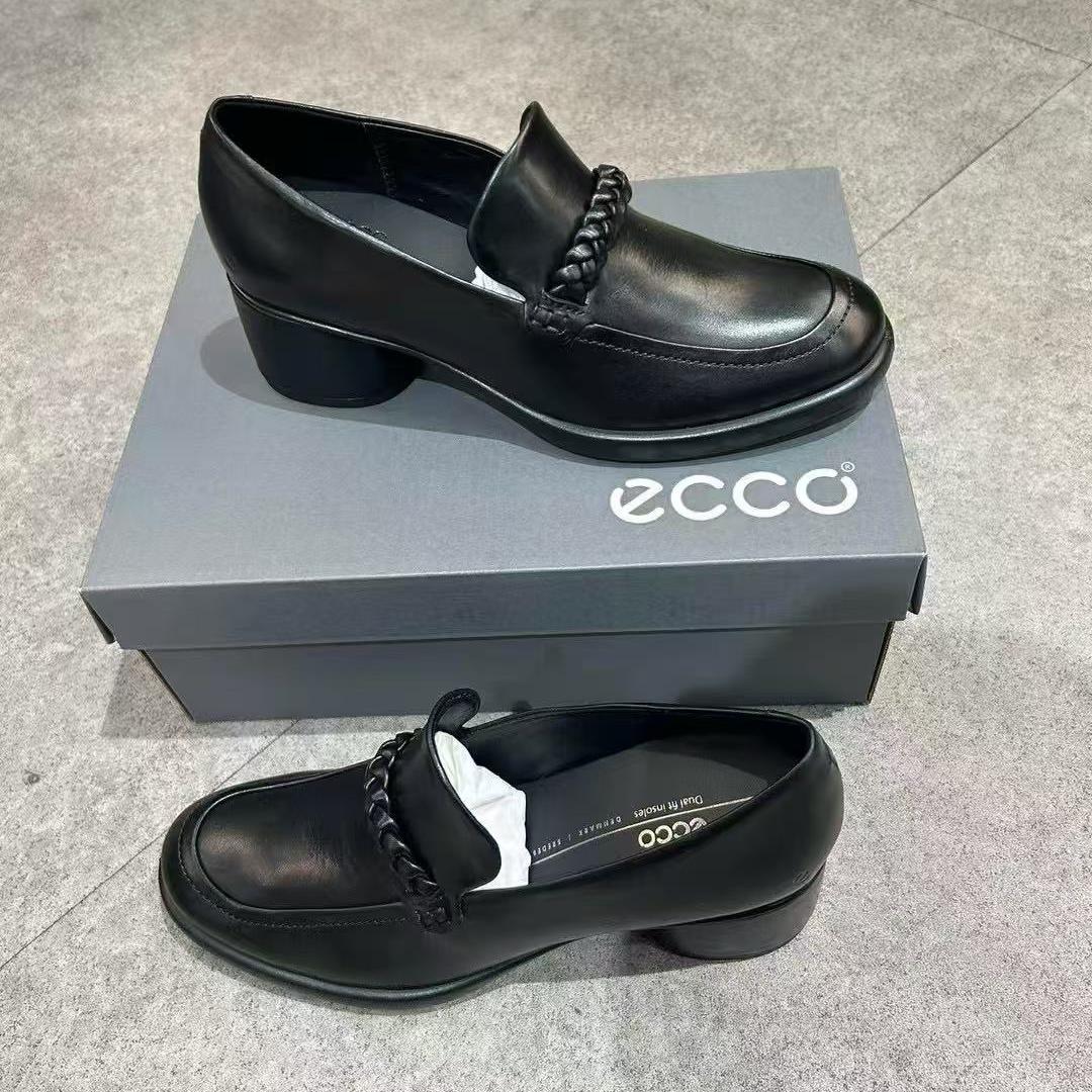 ECCO/爱步女鞋高跟鞋复古真皮乐福鞋粗跟单鞋皮鞋