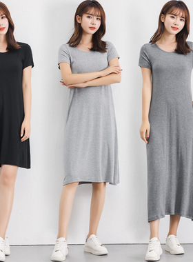 莫代尔妈妈打底裙衬裙睡裙中长款内搭A字连衣裙长裙短袖女夏大码
