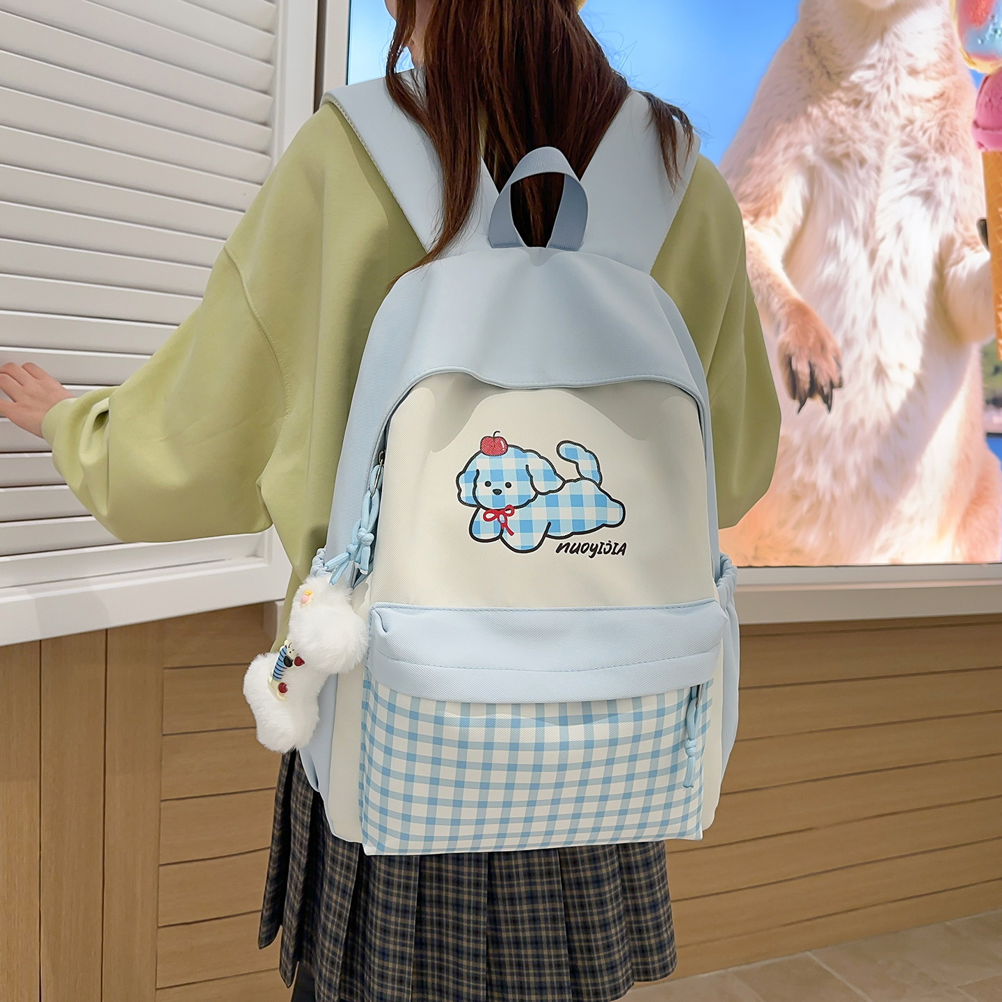 红鹮鸟格子拼接背包少女森系百搭学院风书包初中甜美大学生双肩包