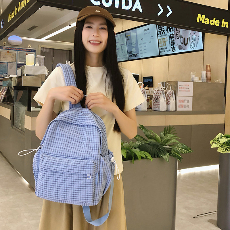 红鹮鸟韩系背包小清新森系简约格子逛街大学生上课书包女轻便双肩