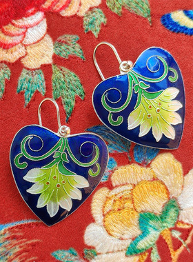 80年法国回流纯手工复古中国风925银花丝烧蓝桃心新中式耳饰耳环