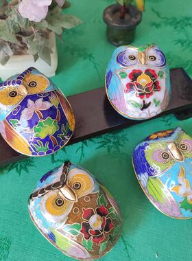 80年北京景泰蓝铜胎掐丝珐琅纯手工猫头鹰首饰盒摆件特色工艺礼品