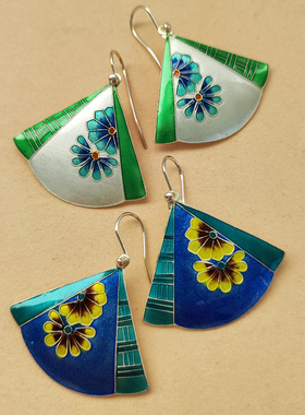 创汇期法国回流纯手工中国风925银花丝新中式折扇耳坠耳环耳钩饰