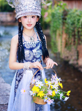 夏季新款苗族服装女童蜡染系黑白经典抹胸飘带裙民族风演出服摄影
