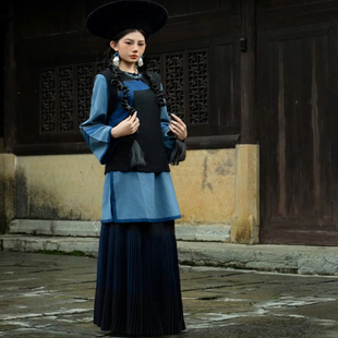 凉山传统彝族服装女黛青色手工棉麻彝族风日常穿搭松弛感上衣长裙