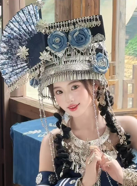 阿蕾原创蓝色绢花银饰流苏帽子