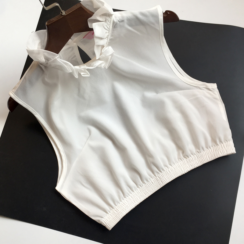 雪纺背心性感无袖白荷叶花木耳边立女小背心马甲式短款衬衫假