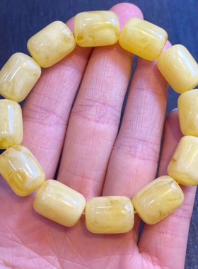 鸡油黄飘花蜜蜡平替桶珠手串男女款白花蜜手链文玩桶珠工艺品配饰