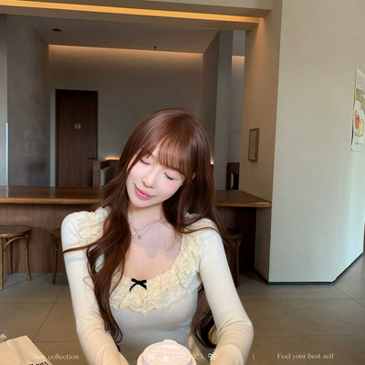 Simida斯密达-冬上新圆领蕾丝边收腰上衣打底衫T3019#