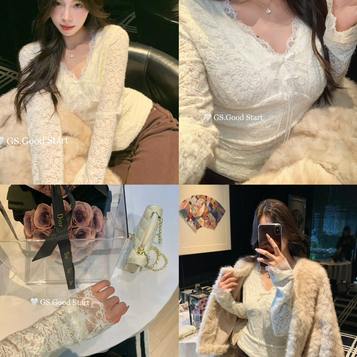 GS.GOOD START-万搭高颜小衫～法式气质纯欲蕾丝v领修身小衫G6880